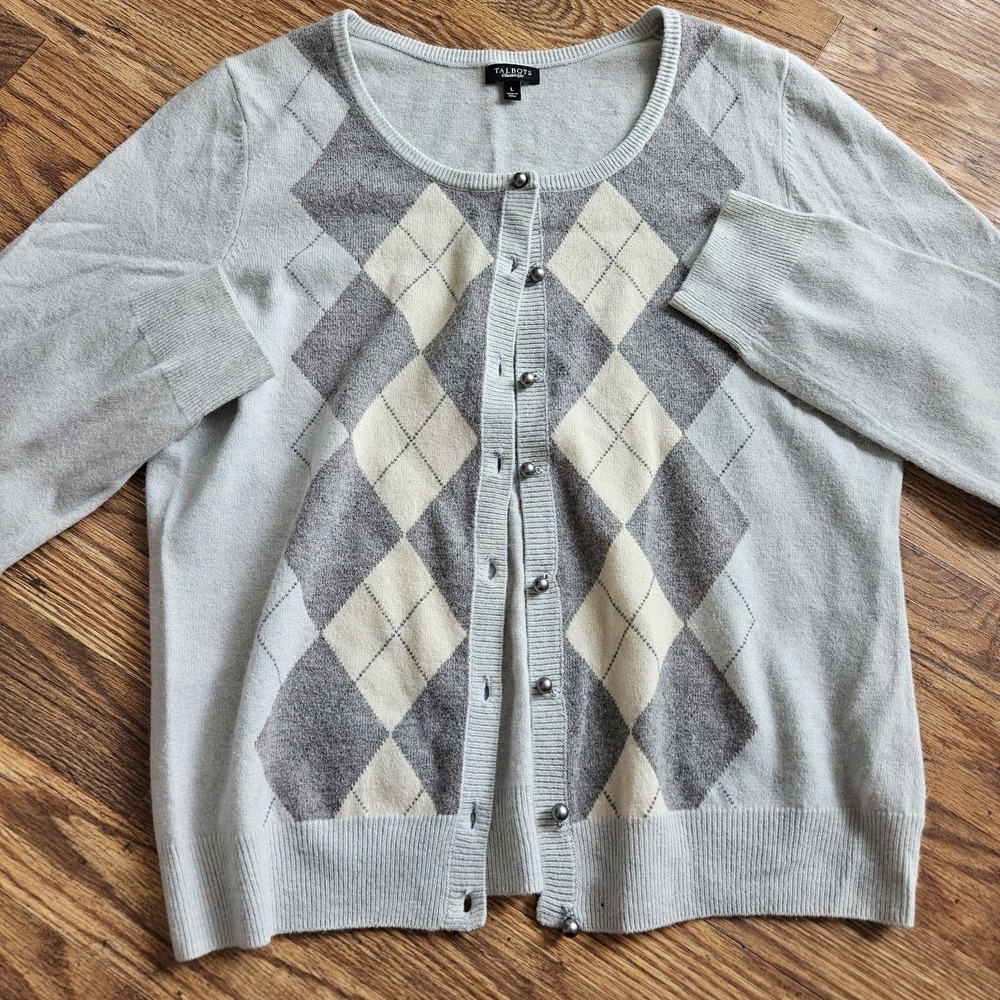 Talbots Wool Blue Button Up Argyle Diamond Long Sleeve Cardigan Womens L Beige
